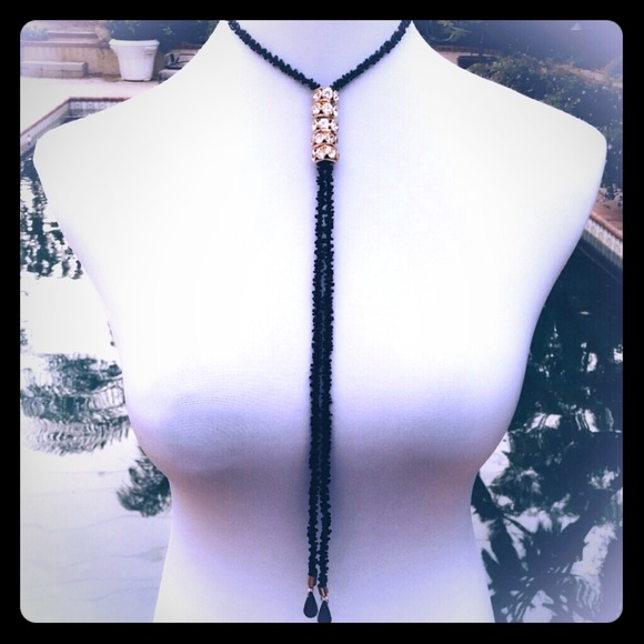 NEW Black & Gold Bead Rings Choker Tassel Necklace - Picture 2 of 7